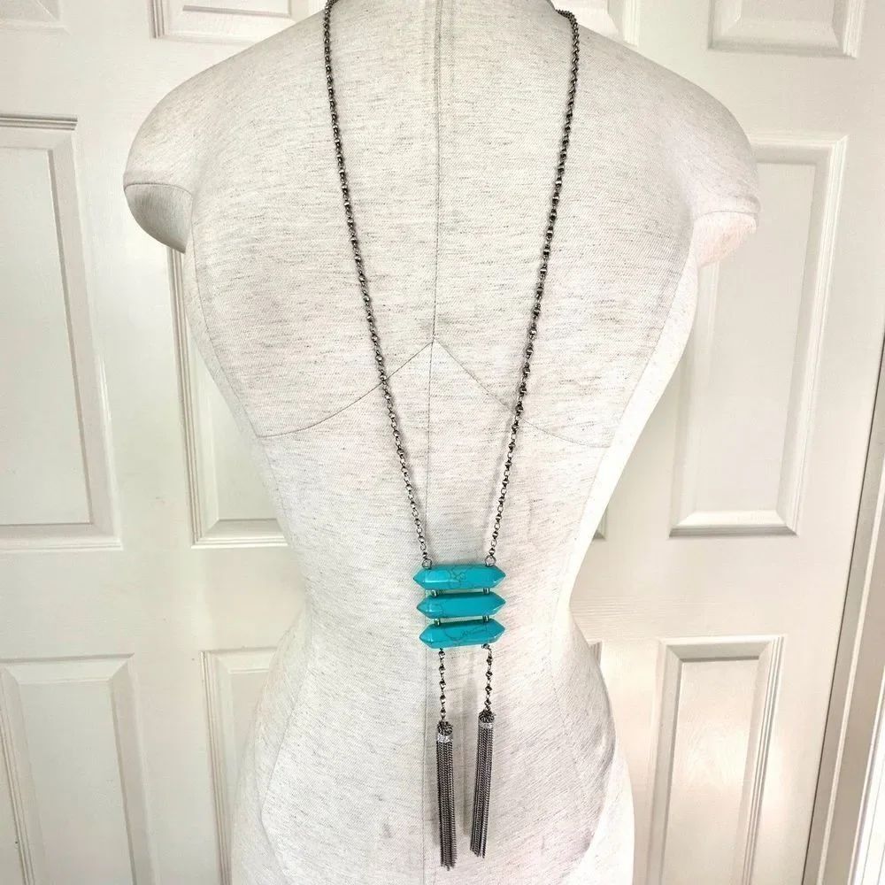 Charming Charlie long silver tone faux turquoise tassel necklace